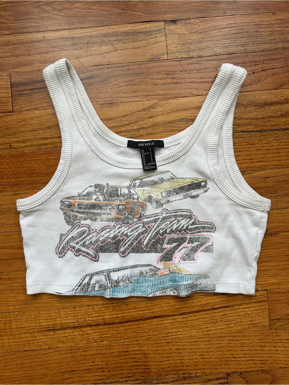 Forever 21 White Ribbed Racing Graphic Crop Tank with Multicolor Cars